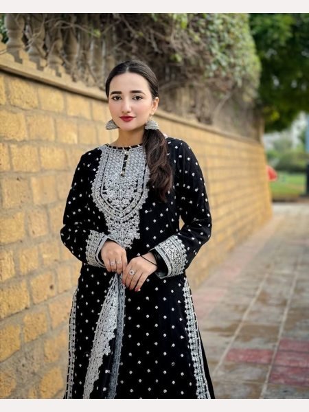 Women Black  Designer Foux Georgette  Embroidery and Sequence  work Sharara set Ready To Wear Collection