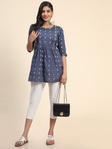  Women Blue Cotton Blend Tunic Short  Kurti With Bottom Casual Summer Wear Tunics kurti