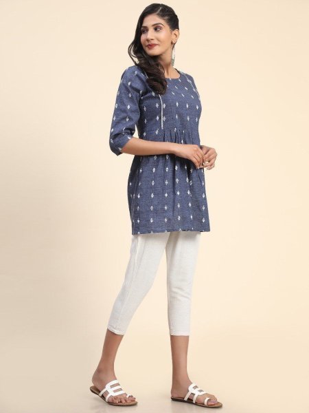  Women Blue Cotton Blend Tunic Short  Kurti With Bottom Casual Summer Wear Tunics kurti