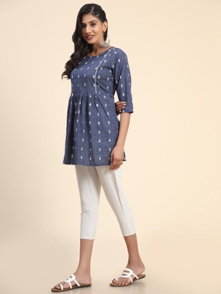  Women Blue Cotton Blend Tunic Short  Kurti With Bottom Casual Summer Wear Tunics kurti