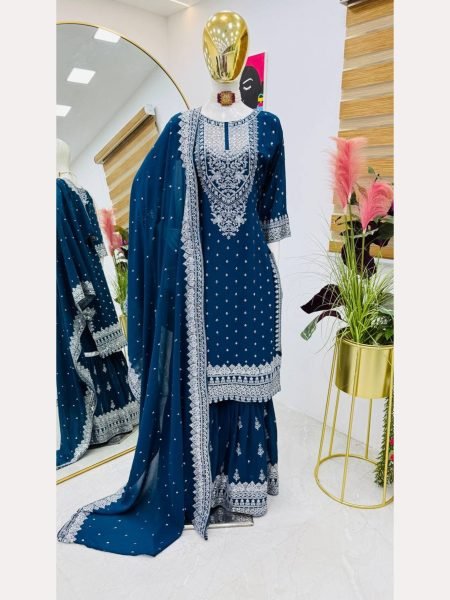 Women Blue Designer Foux Georgette  Embroidery and Sequence  work Sharara set Ready To Wear Collection