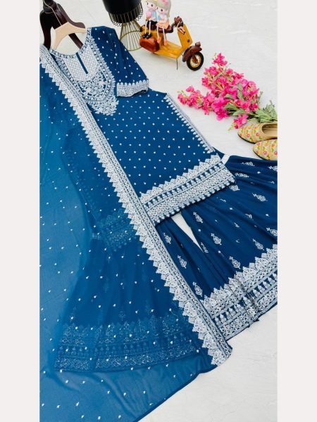 Women Blue Designer Foux Georgette  Embroidery and Sequence  work Sharara set Ready To Wear Collection