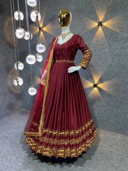 Women Chinon Embroidery Work Gown With Dupatta  Ready To Wear Collection