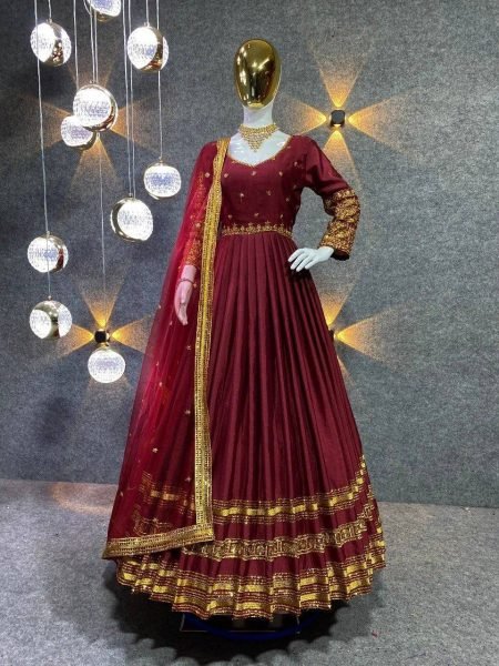 Women Chinon Embroidery Work Gown With Dupatta  Ready To Wear Collection