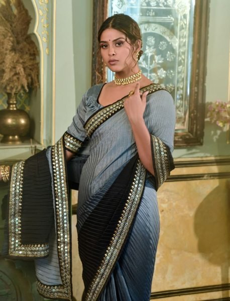 Women Cruch Work chinon Saree  Designer Wedding Sarees Wholesale