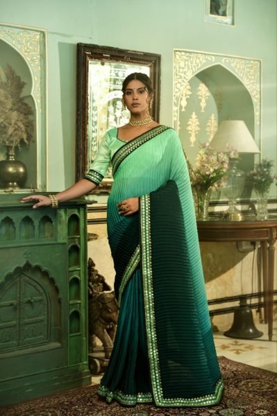 Women Cruch Work chinon Saree  Designer Wedding Sarees Wholesale