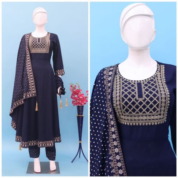 Womens Heavy Rayon Embroidered Kurta With Pant And Dupatta 3 Piece Kurti Set