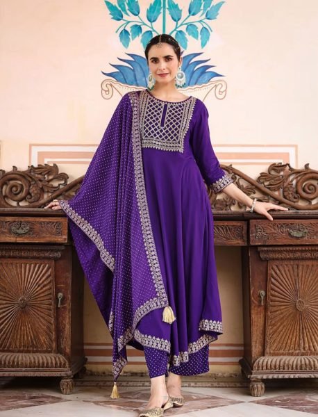 Womens Heavy Rayon Embroidered Kurta With Pant And Dupatta 3 Piece Kurti Set