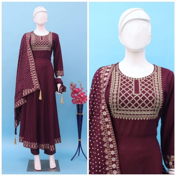 Womens Heavy Rayon Embroidered Kurta With Pant And Dupatta 3 Piece Kurti Set