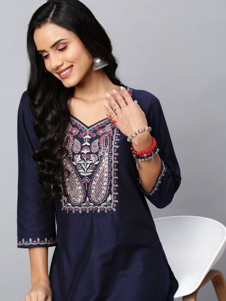 Women Embroidered Pattern Silk Kurti With Pant  Kurti With Bottom Wholesale