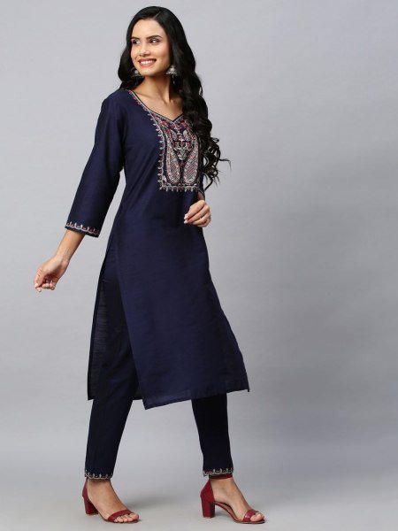 Women Embroidered Pattern Silk Kurti With Pant  Kurti With Bottom Wholesale