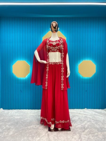 Women Faux Georgette Embroidery Work Choli Plazzo With Koti  3 Piece Kurti Set