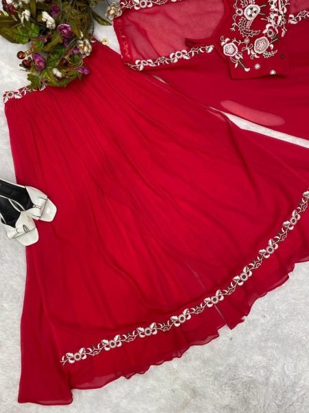 Women Faux Georgette Embroidery Work Choli Plazzo With Koti  3 Piece Kurti Set