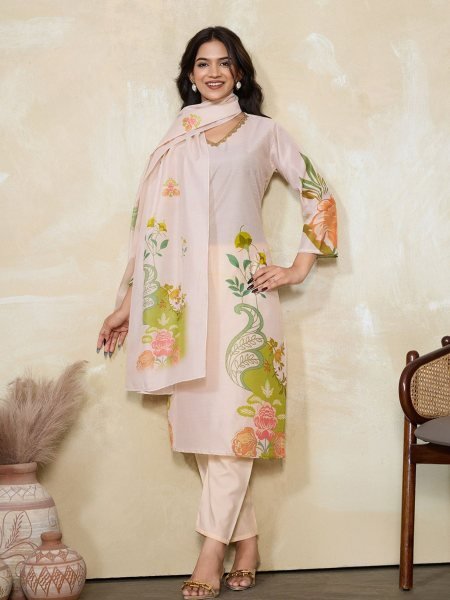 Light Peach Muslin Silk Thread Work Kurta Set with Pant and Printed Dupatta Festive Wear Collection 
