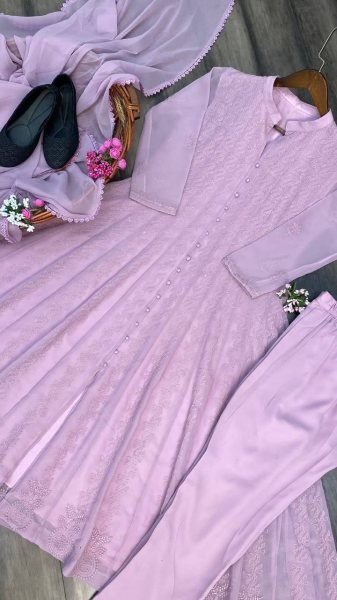 Women Georgette Embroidery Work Kurti Pant With Dupatta  3 Piece Kurti Set