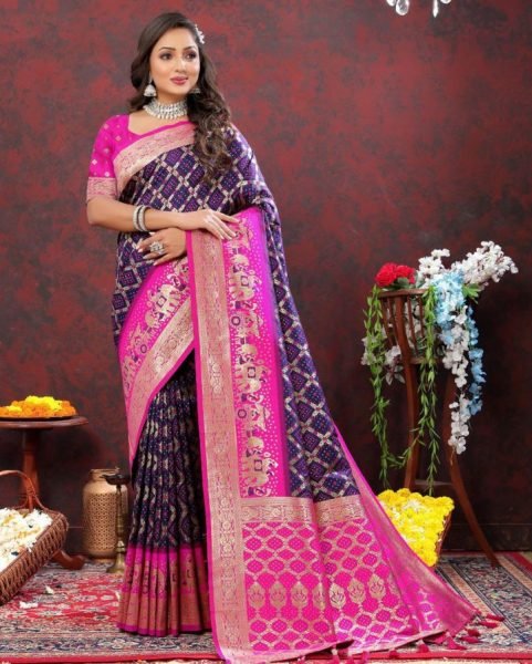 Women Latest Design Blue And Pink Color Bandhani Patola Silk Saree With Blouse Piece Patola Silk Sarees Wholesale
