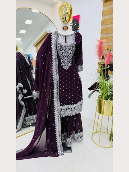 Women Maroon  Designer Foux Georgette  Embroidery and Sequence  work Sharara set Ready To Wear Collection