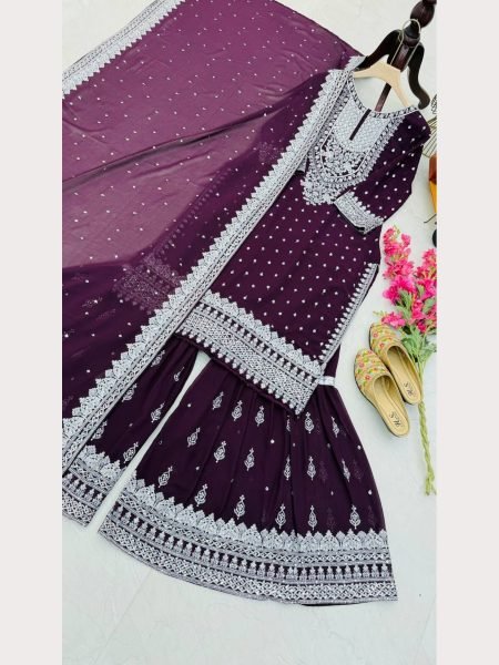 Women Maroon  Designer Foux Georgette  Embroidery and Sequence  work Sharara set Ready To Wear Collection