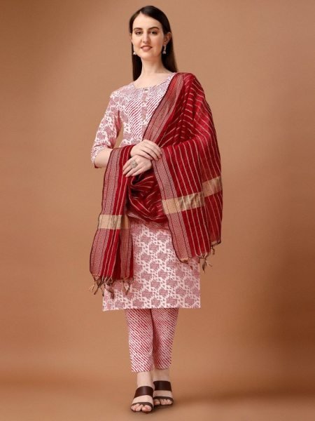 Women Cotton Printed Kurti Pant Set 3 Piece Kurti Set