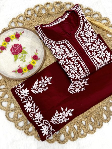 Women Rayon Plazzo Set With White Thread Work  Kurtis