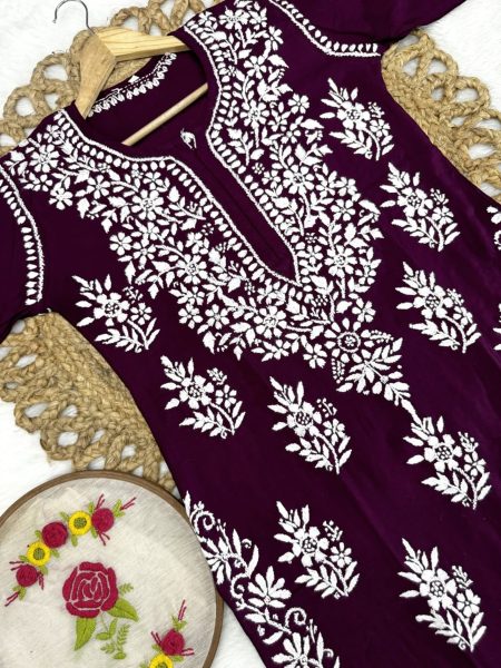 Women Rayon Plazzo Set With White Thread Work  Lucknowi Chikankari Kurtis Wholesale