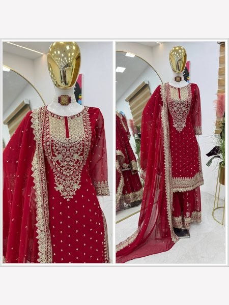 Women Red  Designer Foux Georgette  Embroidery and Sequence  work Sharara set Ready To Wear Collection