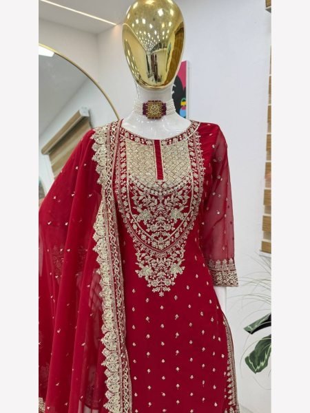 Women Red  Designer Foux Georgette  Embroidery and Sequence  work Sharara set Ready To Wear Collection