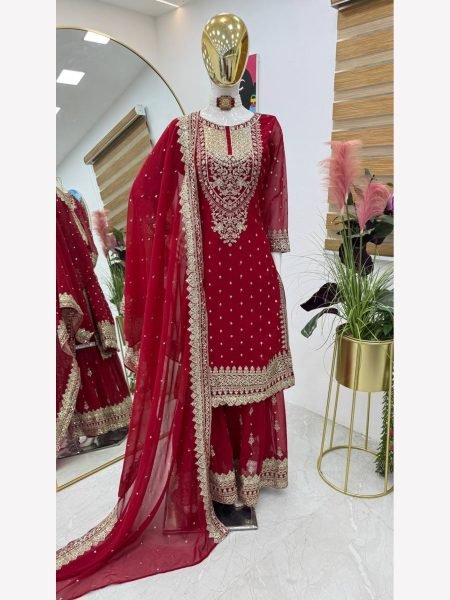 Women Red  Designer Foux Georgette  Embroidery and Sequence  work Sharara set Ready To Wear Collection
