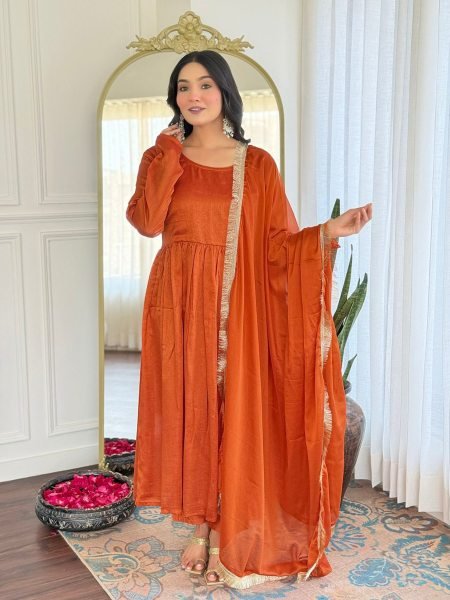 Womens Anarkali Kurti with Dupatta Set Vichitra Fabric Stylish Affordable Low Price 