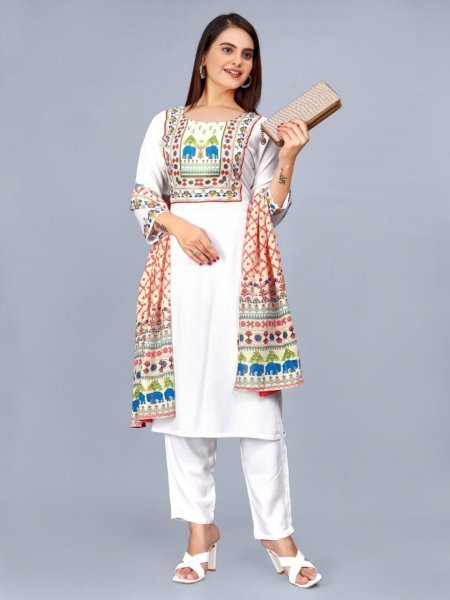 Women s Beautiful Reyon Printed Kurti Set  3 Piece Kurti Set