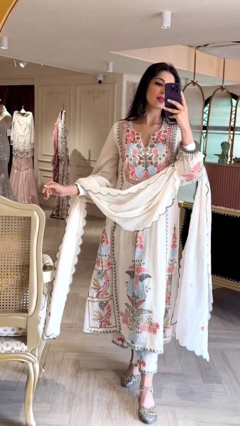 Women s Faux Georgette Embroidered White Salwar Suit   Georgette Kurti 