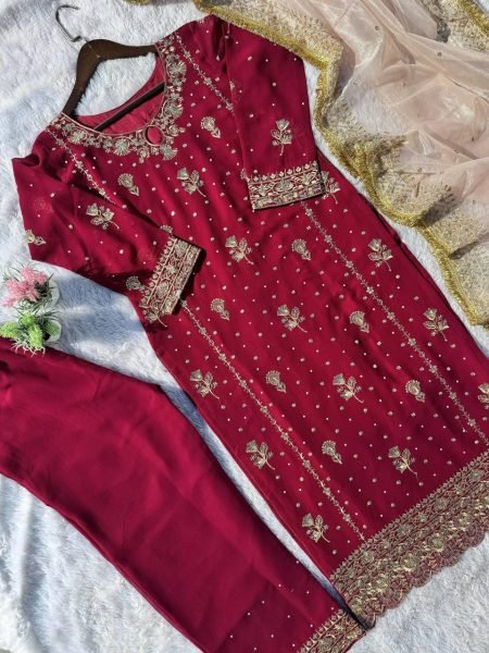 Women   s Faux Georgette Ethnic Set with Back Embroidery  Sequins Work  and Net Dupatta Fully Stitched Party Wear Suit Ready To Wear Collection