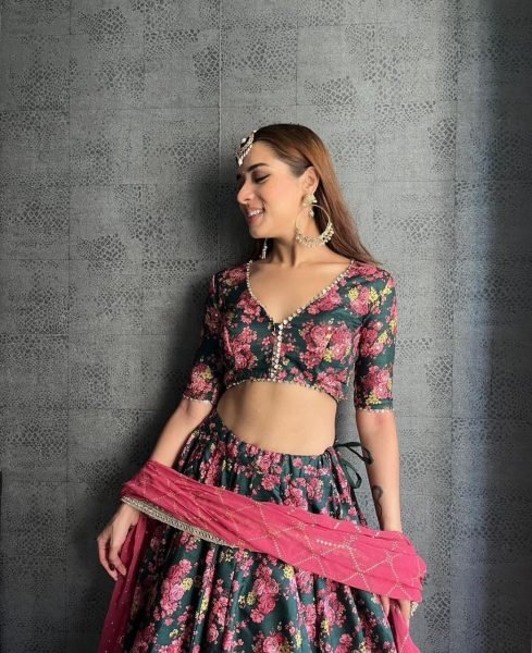 FLOWER PRINTED MALAY SATIN FABRIC LEHENGA WITH EMBROIDERY WORK Designer Lehenga Choli