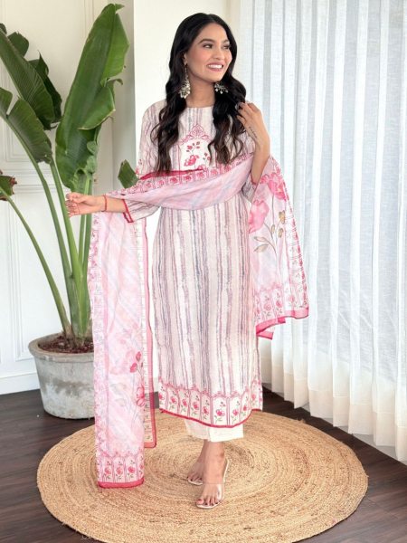 Women s Off White Embroidered Straight Kurta with Rayon Pant And Organza Printed Dupatta Sets 3 Piece Kurti Set