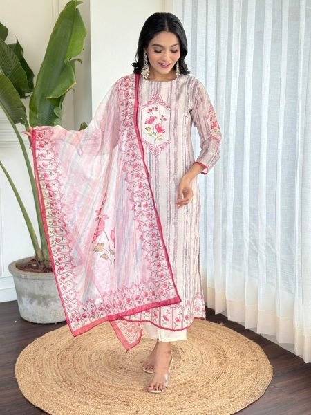 Women s Off White Embroidered Straight Kurta with Rayon Pant And Organza Printed Dupatta Sets 3 Piece Kurti Set