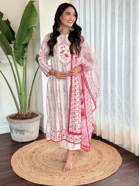 Women s Off White Embroidered Straight Kurta with Rayon Pant And Organza Printed Dupatta Sets 3 Piece Kurti Set