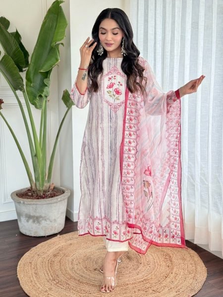 Women s Off White Embroidered Straight Kurta with Rayon Pant And Organza Printed Dupatta Sets 3 Piece Kurti Set