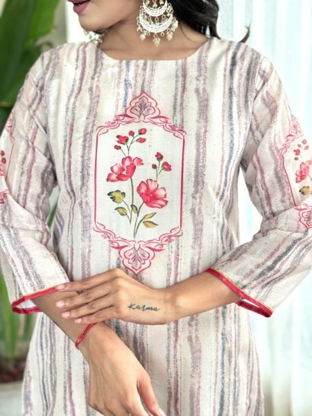 Women s Off White Embroidered Straight Kurta with Rayon Pant And Organza Printed Dupatta Sets 3 Piece Kurti Set