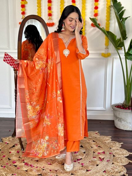 Women Orange Viscose Chanderi Kurti Pant With Dupatta 3 Piece Kurti Set