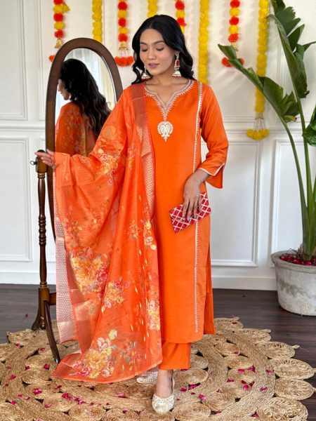 Women Orange Viscose Chanderi Kurti Pant With Dupatta 3 Piece Kurti Set