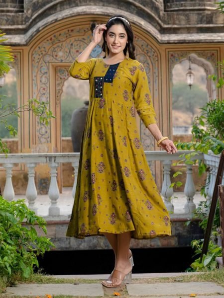 Women s Printed Mustard Rayon  Anarkali Style Gown Printed Kurtis