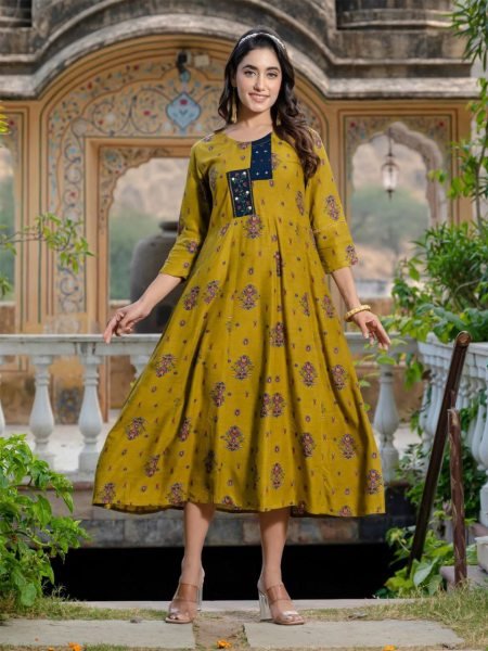 Women s Printed Mustard Rayon  Anarkali Style Gown Printed Kurtis