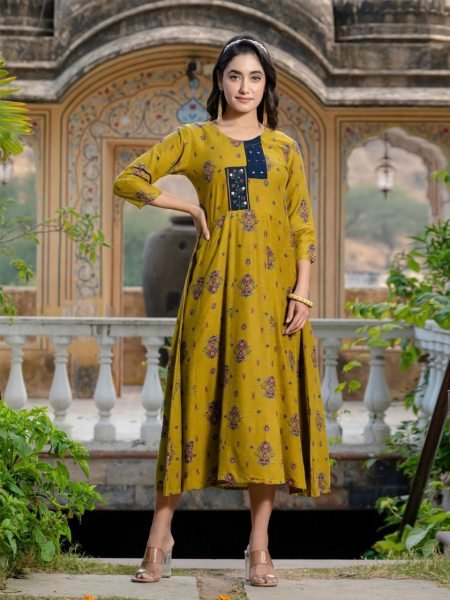Women s Printed Mustard Rayon  Anarkali Style Gown Printed Kurtis