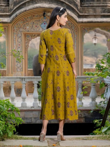 Women s Printed Mustard Rayon  Anarkali Style Gown Printed Kurtis