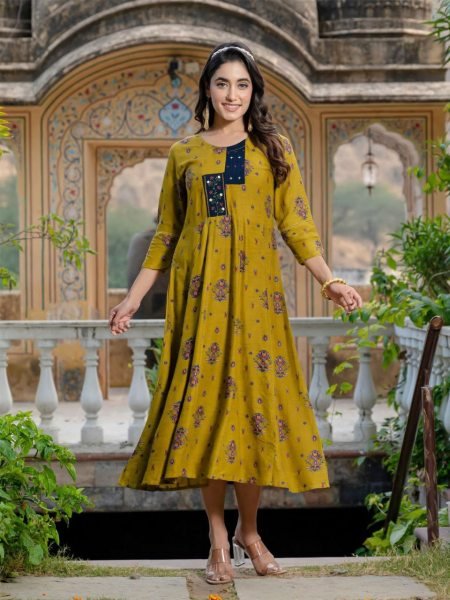 Women s Printed Mustard Rayon  Anarkali Style Gown Printed Kurtis