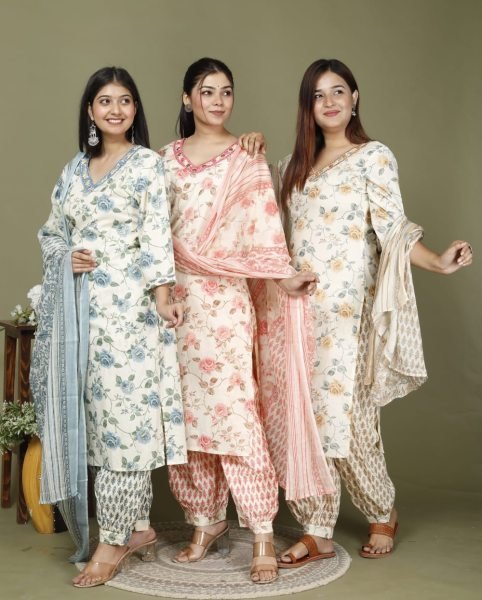 Women s Printed Pure Cotton Kurti Set  3 Piece Kurti Set