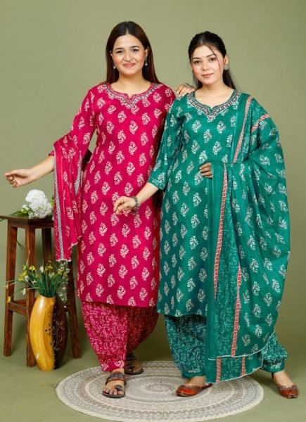 Women s Printed Pure Cotton Kurti Set  3 Piece Kurti Set