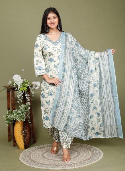 Women s Printed Pure Cotton Kurti Set  3 Piece Kurti Set