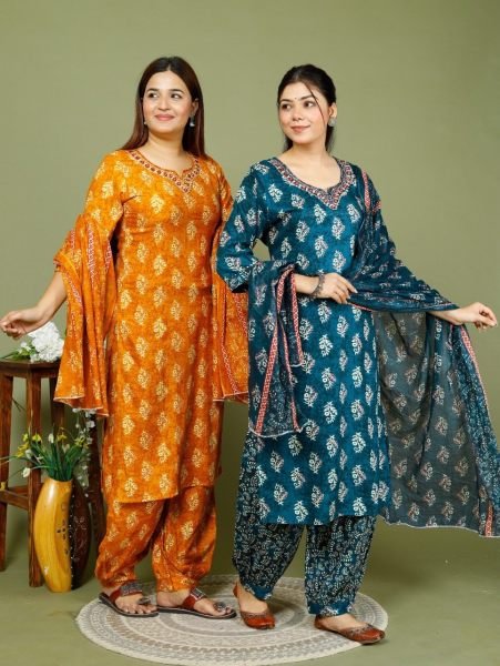 Women s Printed Pure Cotton Kurti Set  3 Piece Kurti Set