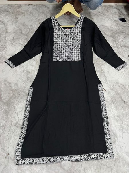 Women s Rayon Embroidered Calf Length Straight Kurti Embroidery Kurtis 